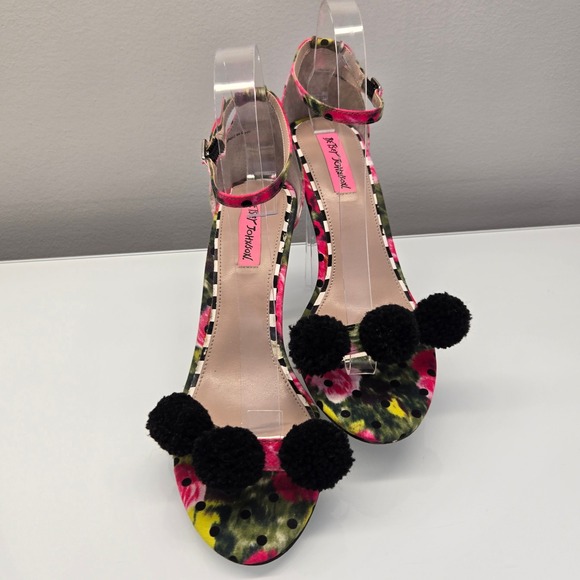 Betsey Johnson Heel Pump Shoe Size 9 Pom Pom Floral Polka Dot Ankle Strap Sandal - Picture 1 of 12